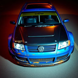 A blue 2001 widebody VW Passat R36 wagon drift car equipped with a carbon hood, showcasing aggressive aerodynamics
