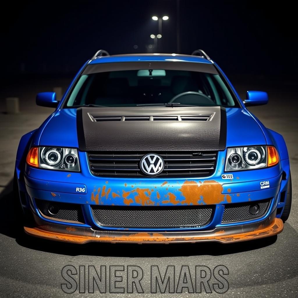A blue 2001 widebody VW Passat R36 wagon drift car equipped with a carbon hood, showcasing aggressive aerodynamics