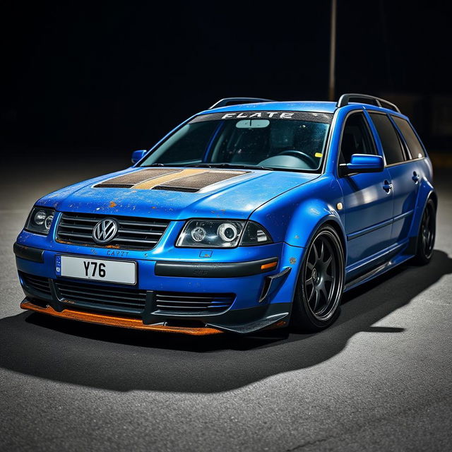 A blue 2001 widebody VW Passat R36 wagon drift car equipped with a carbon hood, showcasing aggressive aerodynamics