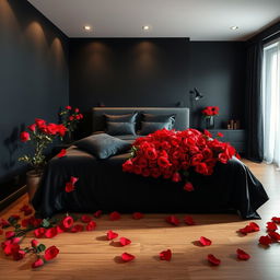 A black themed bedroom, elegantly decorated, filled with vibrant red roses
