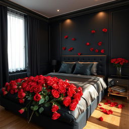 A black themed bedroom, elegantly decorated, filled with vibrant red roses