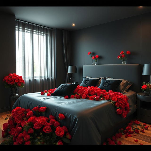 A black themed bedroom, elegantly decorated, filled with vibrant red roses