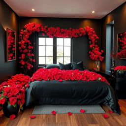 A black themed bedroom, elegantly decorated, filled with vibrant red roses