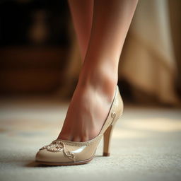A close-up view of a foot wearing sheer pantyhose inside a stylish jardin shoe