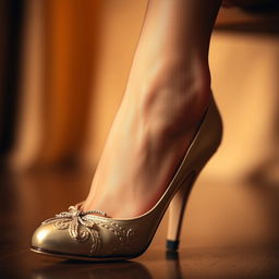 A close-up view of a foot wearing sheer pantyhose inside a stylish jardin shoe