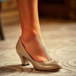 A close-up view of a foot wearing sheer pantyhose inside a stylish jardin shoe