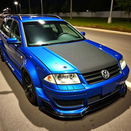 A blue 2001 widebody VW Passat R36 L wagon styled as a drift car, showcasing a carbon hood and aggressive aerodynamic modifications