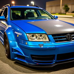 A blue 2001 widebody VW Passat R36 L wagon styled as a drift car, showcasing a carbon hood and aggressive aerodynamic modifications