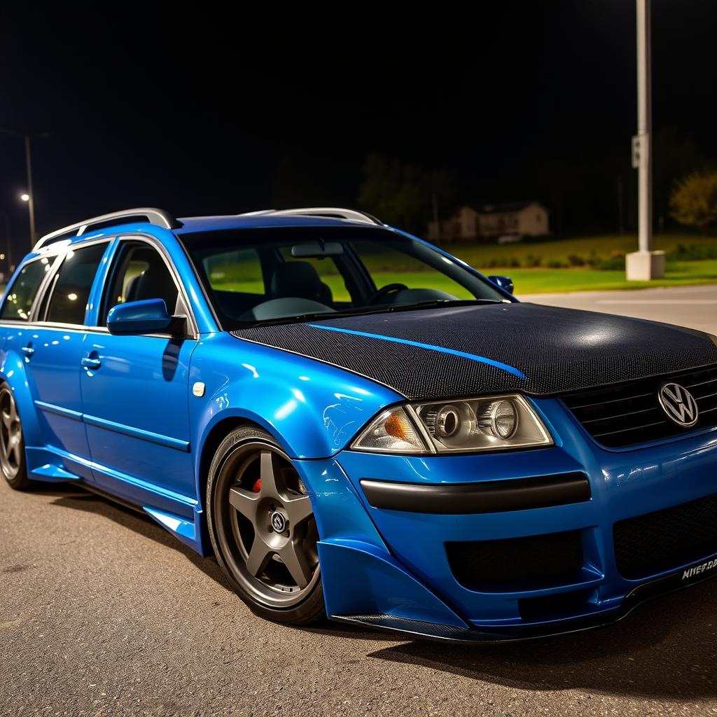 A blue 2001 widebody VW Passat R36 L wagon styled as a drift car, showcasing a carbon hood and aggressive aerodynamic modifications