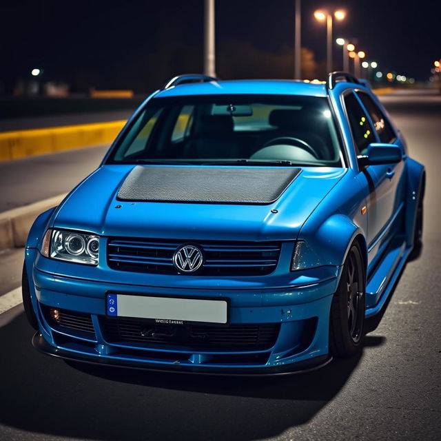 A blue 2001 widebody VW Passat R36 L wagon styled as a drift car, showcasing a carbon hood and aggressive aerodynamic modifications