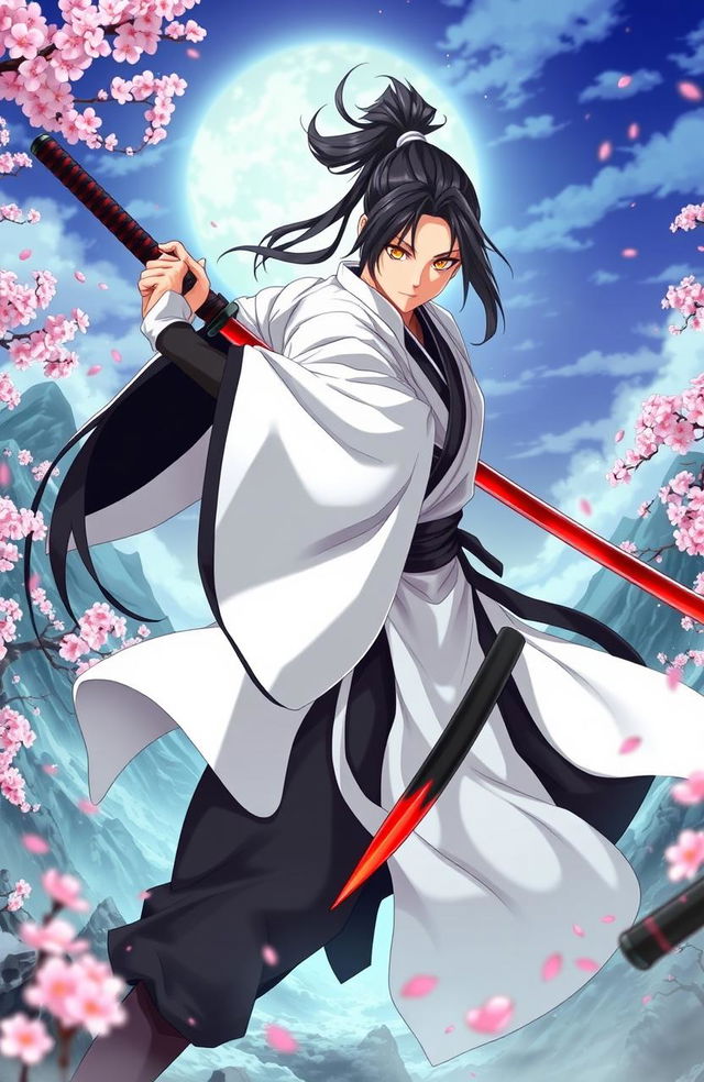 A dynamic scene featuring a swordsman dressed in elegant white robes over a black kimono and black pants