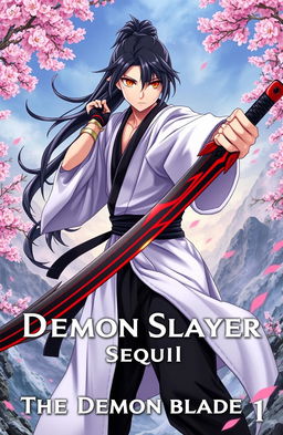 A dynamic scene featuring a swordsman dressed in elegant white robes over a black kimono and black pants