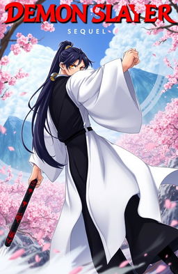 A dynamic scene featuring a swordsman dressed in elegant white robes over a black kimono and black pants