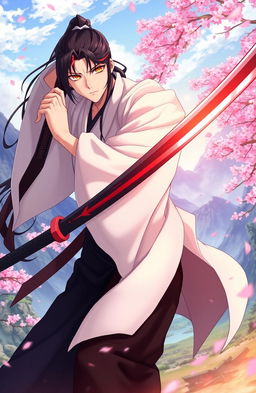 A dynamic scene featuring a swordsman dressed in elegant white robes over a black kimono and black pants