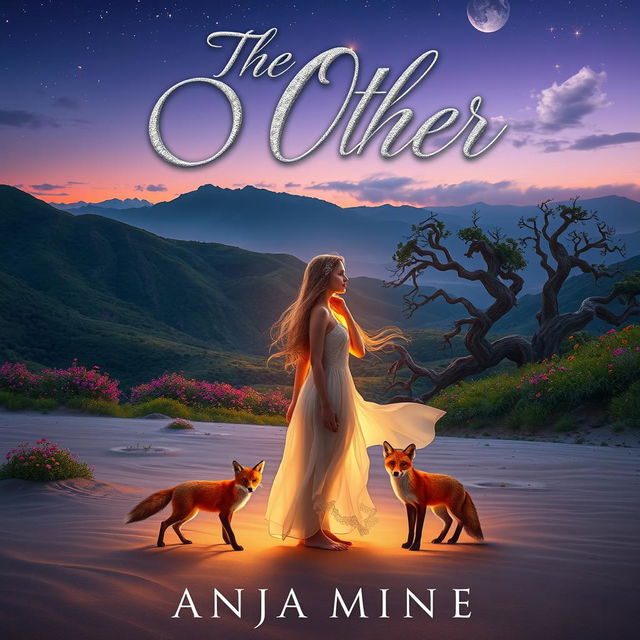 A captivating book cover for 'The Other' by Anja Mienie, featuring a serene and enchanting scene set on the mystical Island of Thrylos