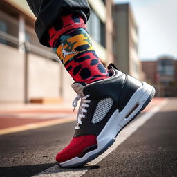 A dynamic shot of a foot comfortably nestled in a colorful sock, sporting a pair of new Jordan shoes