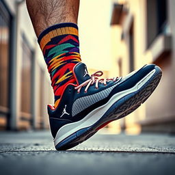 A dynamic shot of a foot comfortably nestled in a colorful sock, sporting a pair of new Jordan shoes