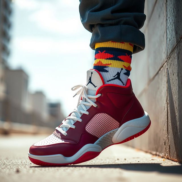 A dynamic shot of a foot comfortably nestled in a colorful sock, sporting a pair of new Jordan shoes