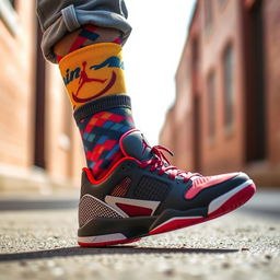 A dynamic shot of a foot comfortably nestled in a colorful sock, sporting a pair of new Jordan shoes