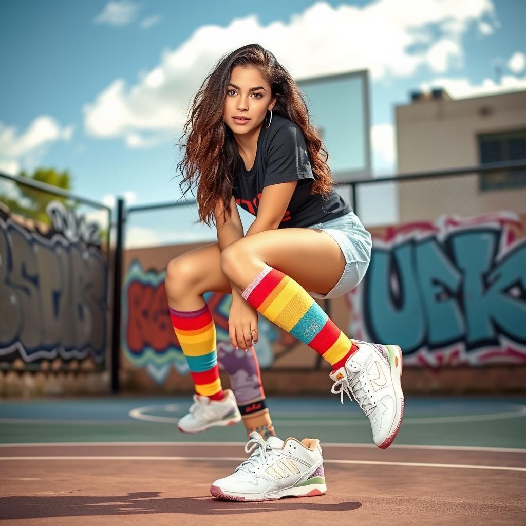 A fashionable young woman wearing long colorful socks paired with stylish basketball shoes, standing on an urban basketball court