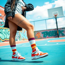 A fashionable young woman wearing long colorful socks paired with stylish basketball shoes, standing on an urban basketball court