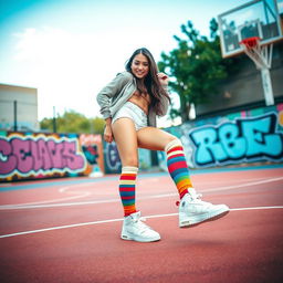A fashionable young woman wearing long colorful socks paired with stylish basketball shoes, standing on an urban basketball court