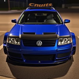 A blue 2001 widebody VW Passat R36 L wagon drift car, featuring a carbon hood and aggressive aerodynamic enhancements, parked at night