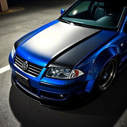 A blue 2001 widebody VW Passat R36 L wagon drift car, featuring a carbon hood and aggressive aerodynamic enhancements, parked at night