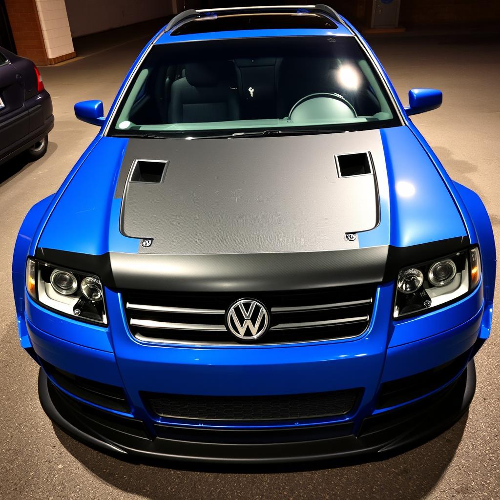 A blue 2001 widebody VW Passat R36 L wagon drift car, featuring a carbon hood and aggressive aerodynamic enhancements, parked at night