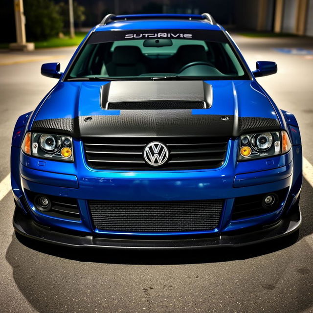 A blue 2001 widebody VW Passat R36 L wagon drift car, featuring a carbon hood and aggressive aerodynamic enhancements, parked at night