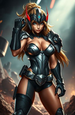 A stunning female character inspired by the iconic Turrican 2 video game, striking a powerful heroic pose