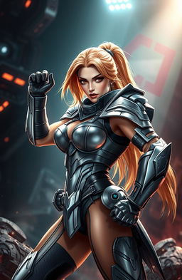 A stunning female character inspired by the iconic Turrican 2 video game, striking a powerful heroic pose