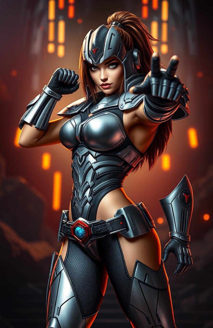 A stunning female character inspired by the iconic Turrican 2 video game, striking a powerful heroic pose