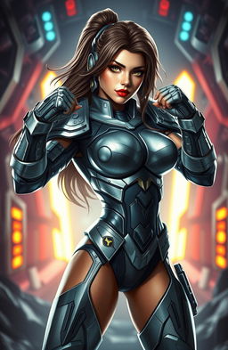 A stunning female character inspired by the iconic Turrican 2 video game, striking a powerful heroic pose