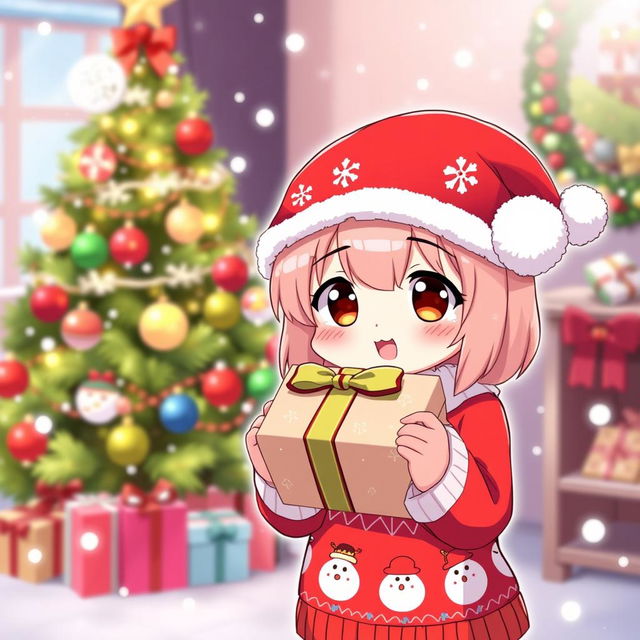 A cute and festive Christmas-themed Kuromi character, wearing a red Christmas hat decorated with snowflakes, holding a beautifully wrapped present with a colorful ribbon