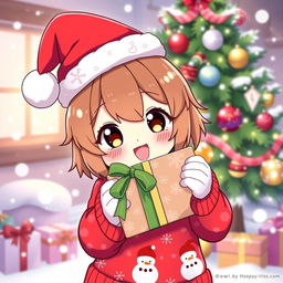 A cute and festive Christmas-themed Kuromi character, wearing a red Christmas hat decorated with snowflakes, holding a beautifully wrapped present with a colorful ribbon