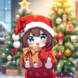 A cute and festive Christmas-themed Kuromi character, wearing a red Christmas hat decorated with snowflakes, holding a beautifully wrapped present with a colorful ribbon