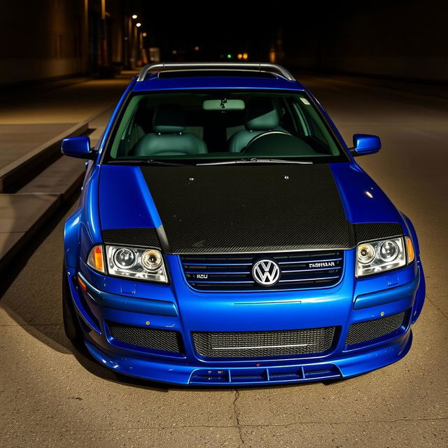 A blue 2001 widebody VW Passat R36 L wagon modified as a drift car, featuring a carbon fiber hood and aggressive aerodynamic enhancements