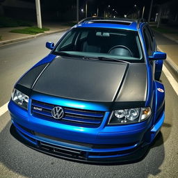A blue 2001 widebody VW Passat R36 L wagon modified as a drift car, featuring a carbon fiber hood and aggressive aerodynamic enhancements