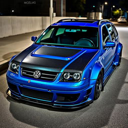 A blue 2001 widebody VW Passat R36 L wagon modified as a drift car, featuring a carbon fiber hood and aggressive aerodynamic enhancements
