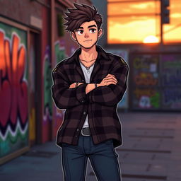 A handsome tomboy with short tousled hair, wearing a stylish oversized flannel shirt and fitted jeans