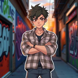 A handsome tomboy with short tousled hair, wearing a stylish oversized flannel shirt and fitted jeans