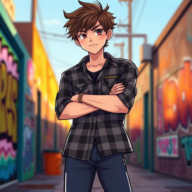 A handsome tomboy with short tousled hair, wearing a stylish oversized flannel shirt and fitted jeans