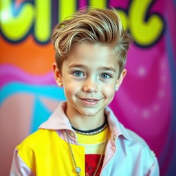 A handsome, sexy, and cute boy with androgynous features, styled in a trendy outfit that blends feminine and masculine elements