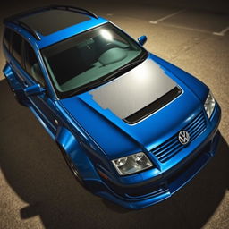 A blue 2001 widebody VW Passat R36 L wagon drift car with a carbon hood and aggressive aerodynamic features, parked at night