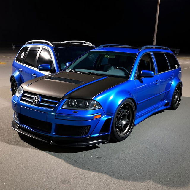 A blue 2001 widebody VW Passat R36 L wagon drift car with a carbon hood and aggressive aerodynamic features, parked at night