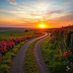 A picturesque landscape featuring a winding road adorned with vibrant flowers on either side, bathed in the warm glow of a stunning sunrise