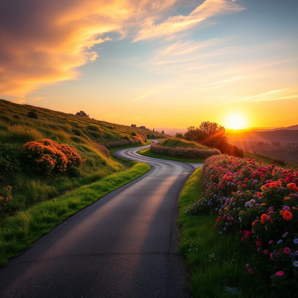 A picturesque landscape featuring a winding road adorned with vibrant flowers on either side, bathed in the warm glow of a stunning sunrise