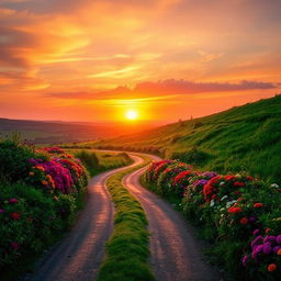 A picturesque landscape featuring a winding road adorned with vibrant flowers on either side, bathed in the warm glow of a stunning sunrise