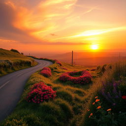 A picturesque landscape featuring a winding road adorned with vibrant flowers on either side, bathed in the warm glow of a stunning sunrise